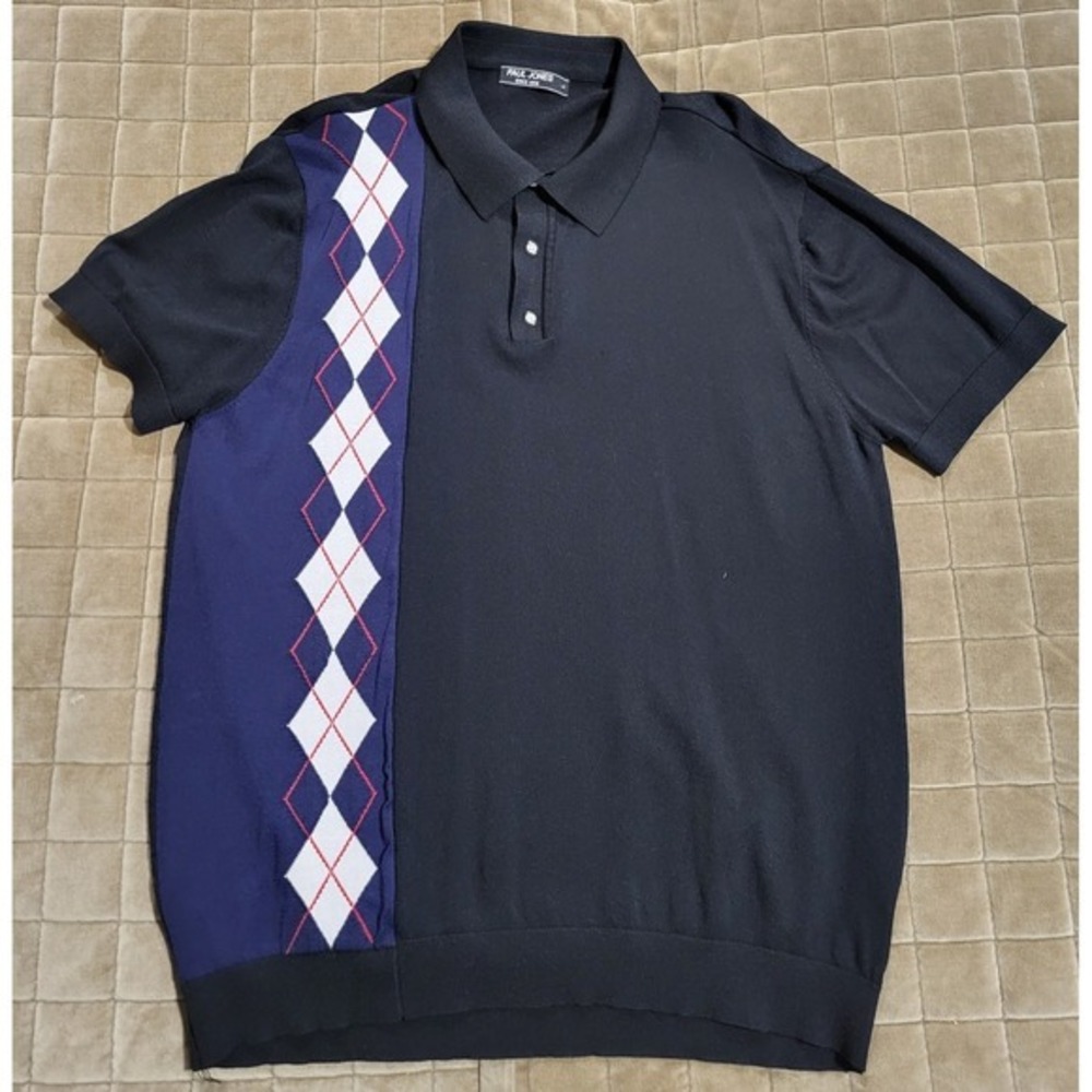 Men's Paul Jones Polo Shirt Size Large Black/Blue Argyle Panel Stretch Knit Exc